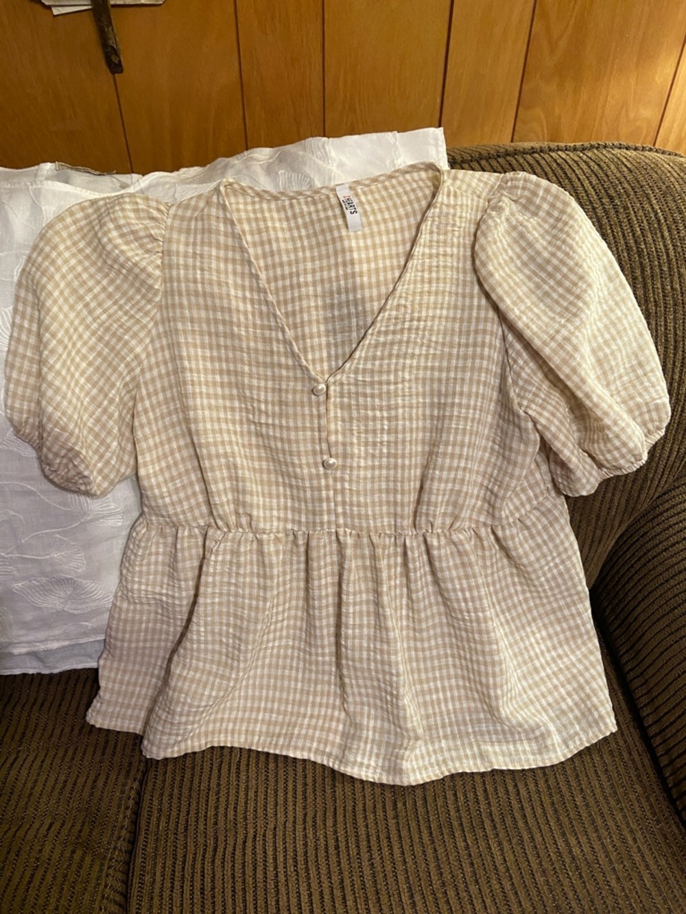 Plaid Puff-Sleeve V-Neck Peplum Blouse - Beige